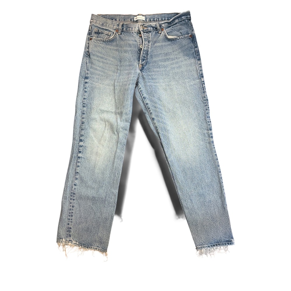 Zara Premium Denim Collection Light Wash Straight Leg Raw Hem Jeans Size 6